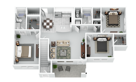 A 3D floor plan of a house with a living room, kitchen, dining room, and bedrooms.
